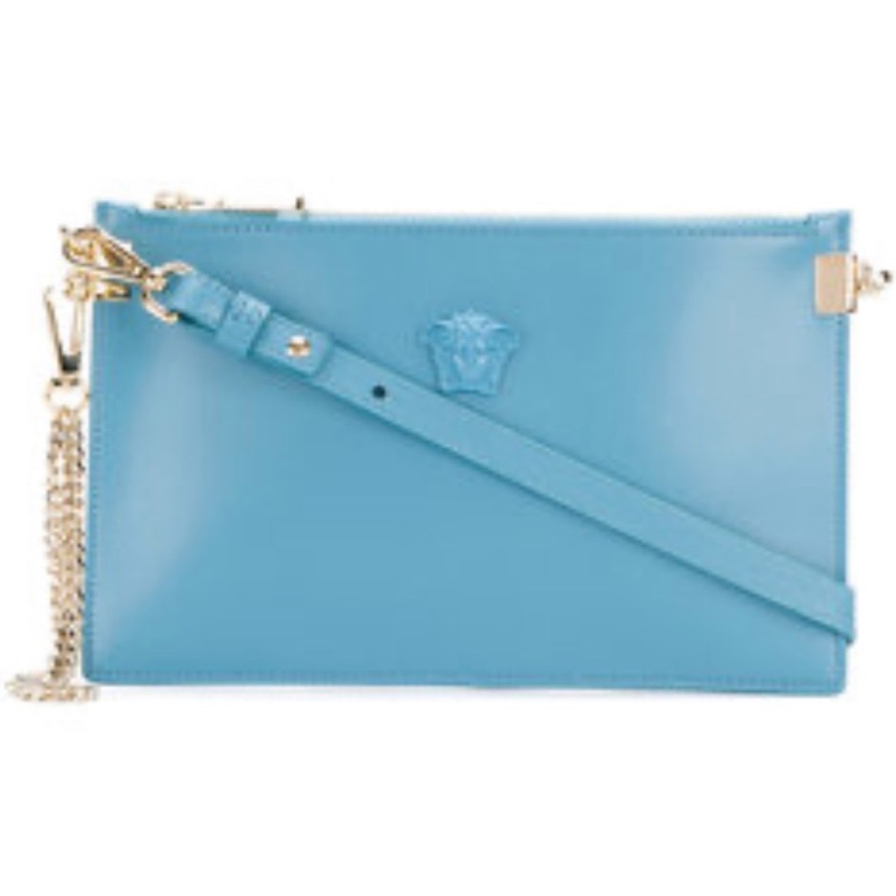 Versace Sky Blue Leather Wristlet with Gold Accents NEW 💙